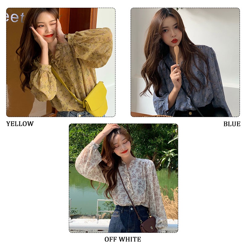 Áo sơ mi kiểu XINLANYASHE chiffon tay dài phồng họa tiết hoa dễ phối đồ phong cách Hàn Quốc Hawaii đáng yêu cho nữ