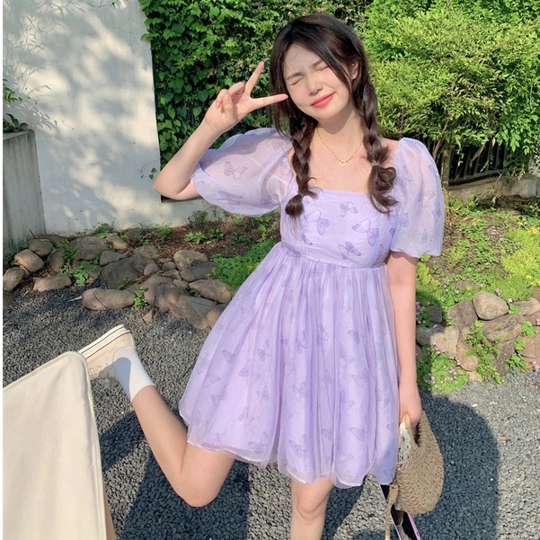 Đầm Ngắn Tay Phồng Chất Liệu Chiffon Thời Trang Mùa Hè Hàn Quốc Mới Cho Nữ