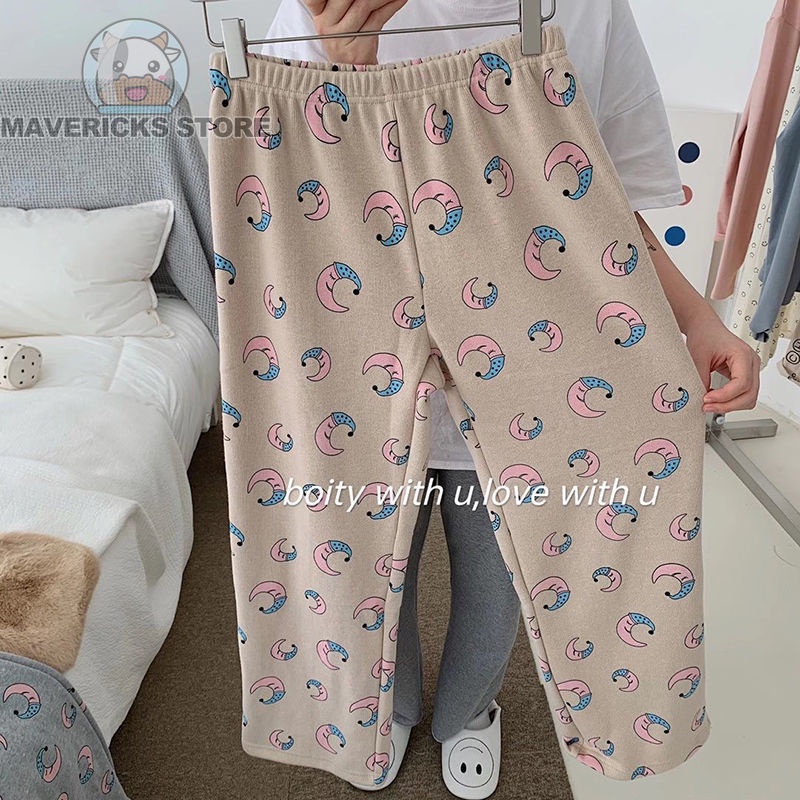 Quần Dài Nhung Dáng Rộng In Hình Trăng Sao Kiểu Hàn Quốc Thời Trang Mùa Thu Ấm Áp