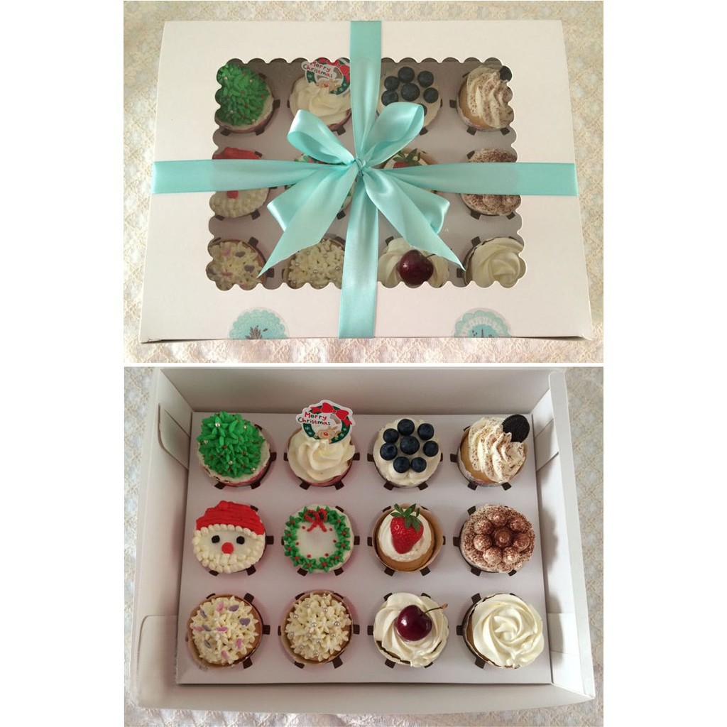 Hộp Cupcake Giấy Đựng Bánh 2 4 6 12 Màu Trắng có khay chia ô, Hộp Giấy Đựng Bánh Cupcake Quai Xách