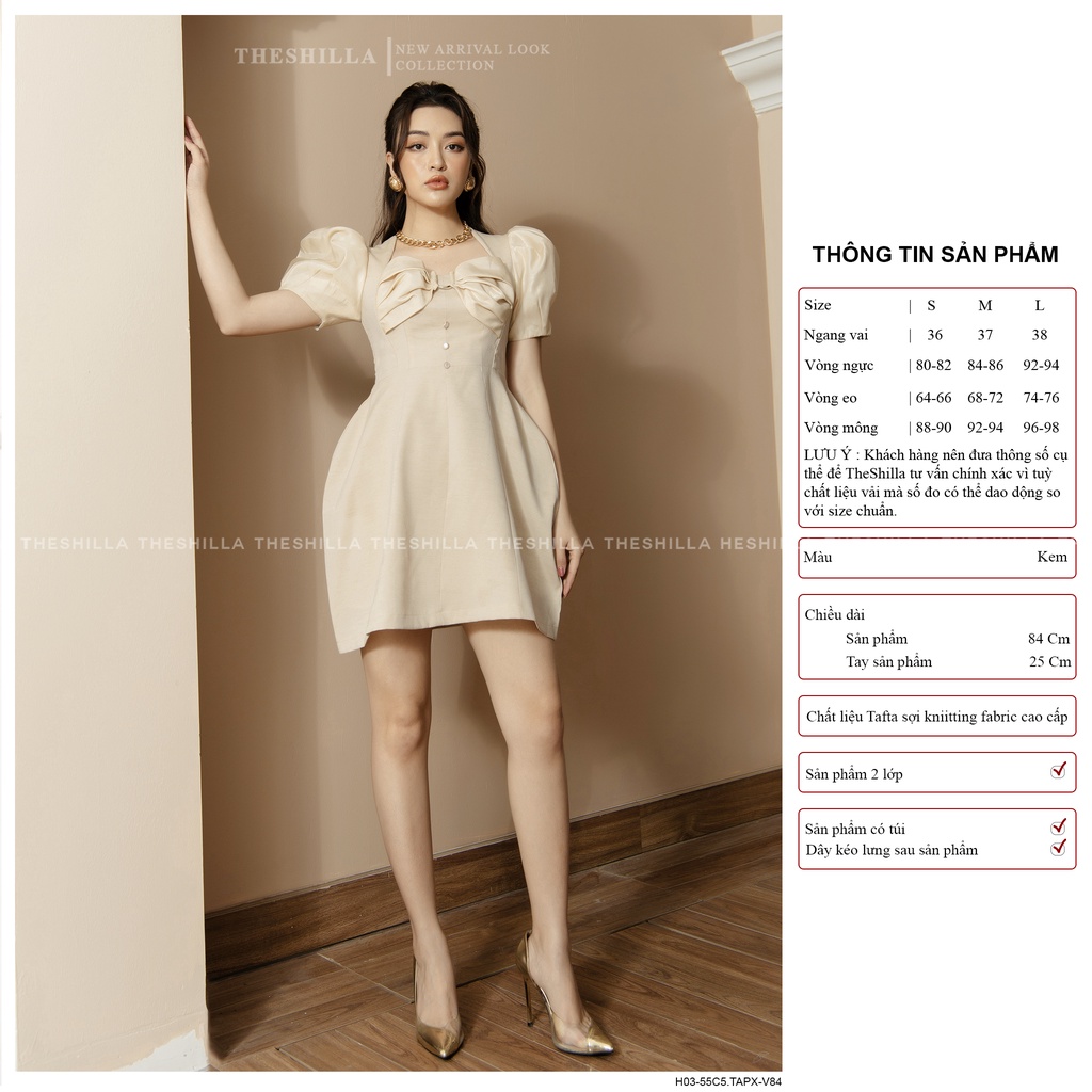 Váy thiết kế cao cấp màu kem khoen ngực phối tay phồng oganza đính nút [ Có video + Ảnh thật ] The Shilla - H03-55C5