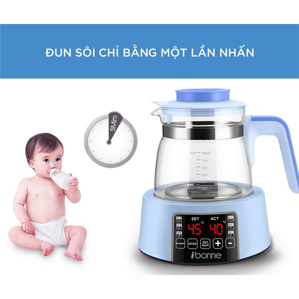 [CÓ BẢO HÀNH] Bình Đun Nước Hâm Sữa Pha Trà Pha Cafe Thông Minh 0.8L 1.2L IBONNE IB-20