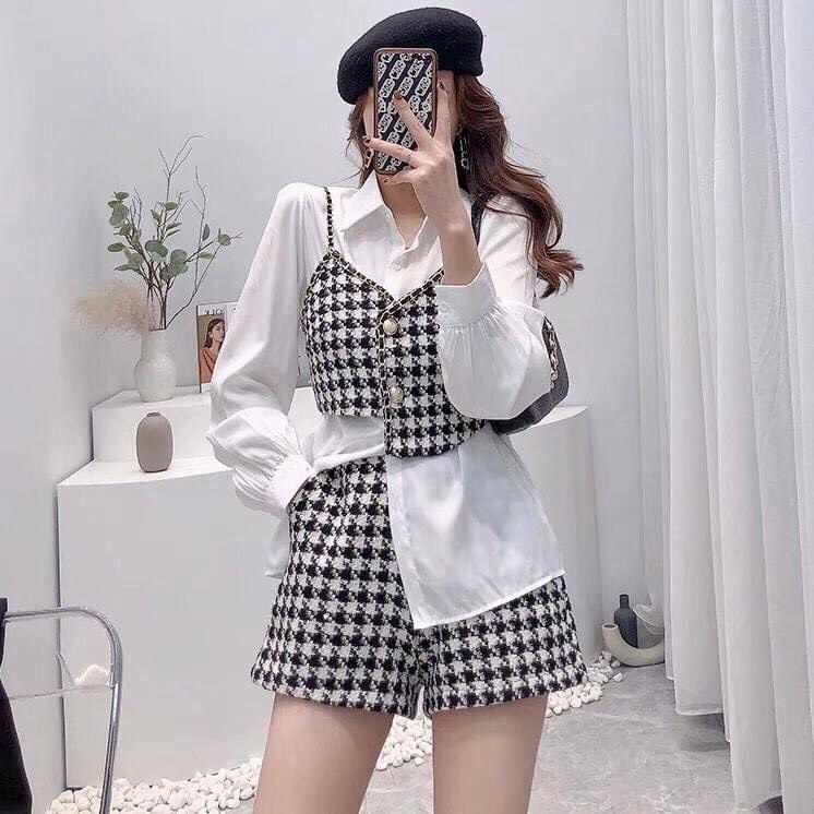 Sét sơ mi quần đùi năng động cá tính Active với ao dây caro và sơ mi trắng phối quần đùi caro, chất vải bố mềm