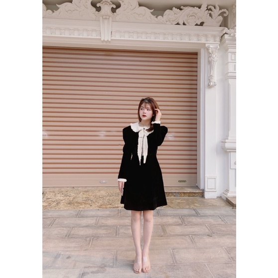 Váy nhung pha bèo cổ nơ đính ngọc