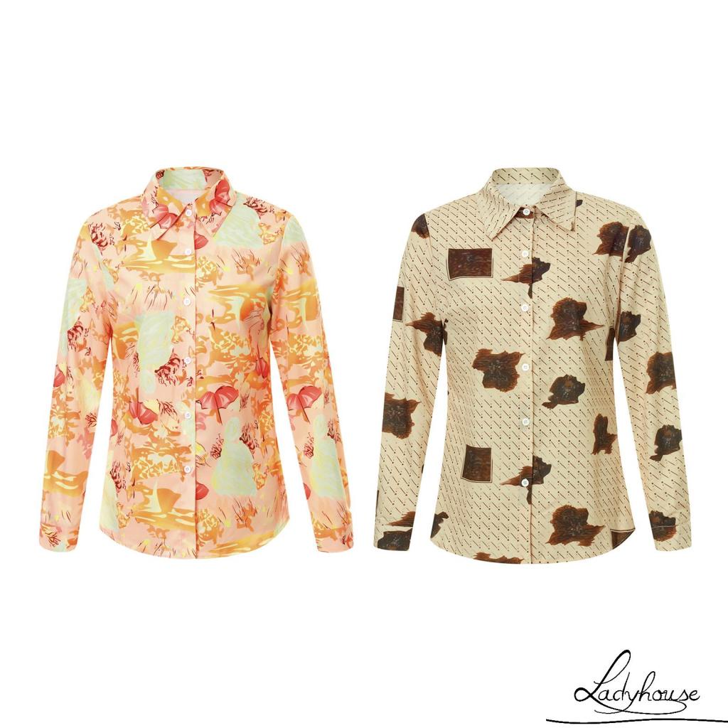 Áo Sơ Mi Cài Nút Xuống Tay Dài Cổ Chữ V In Họa Tiết Vintage Ôm Dáng Cho Nữ