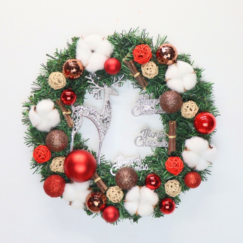 Vòng Hoa Trang Trí Noel D64 size 30cm Tặng Kèm Đèn Vòng Nguyệt Quế Giáng Sinh