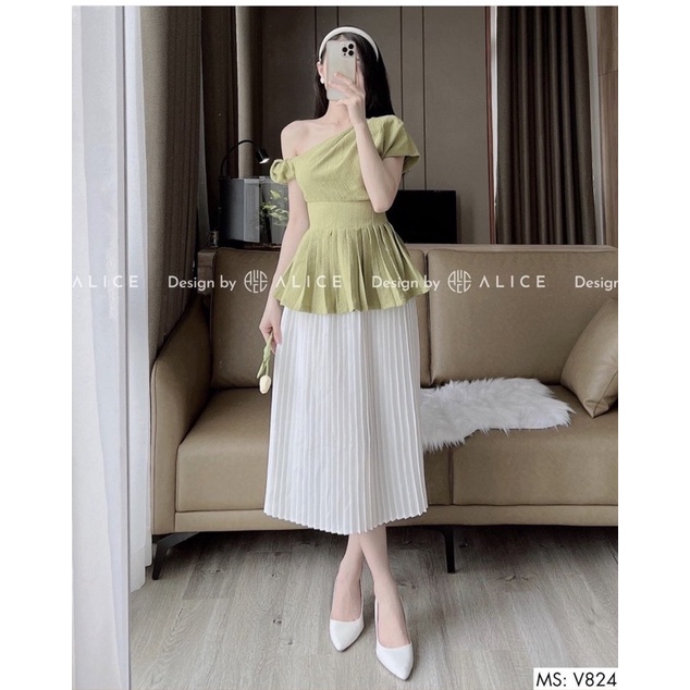SET ÁO LỆCH VAI PEPLUM XANH + CHÂN VÂY MIDI TRẮNG MS259