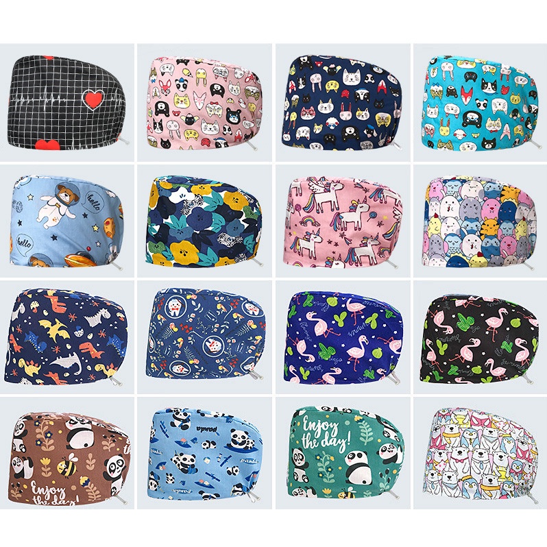 Mũ Y Tá Vải Cotton Co Giãn Thoáng Khí In Họa Tiết Dễ Thương