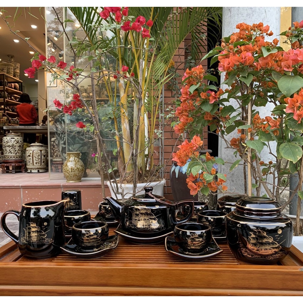 Bộ Ấm Chén Uống Trà, Bộ Bình Trà, Bộ Ấm Trà, Bộ Ấm Chén Bát Tràng - Thuận Buồm Xuôi Gió Men Đen Bóng