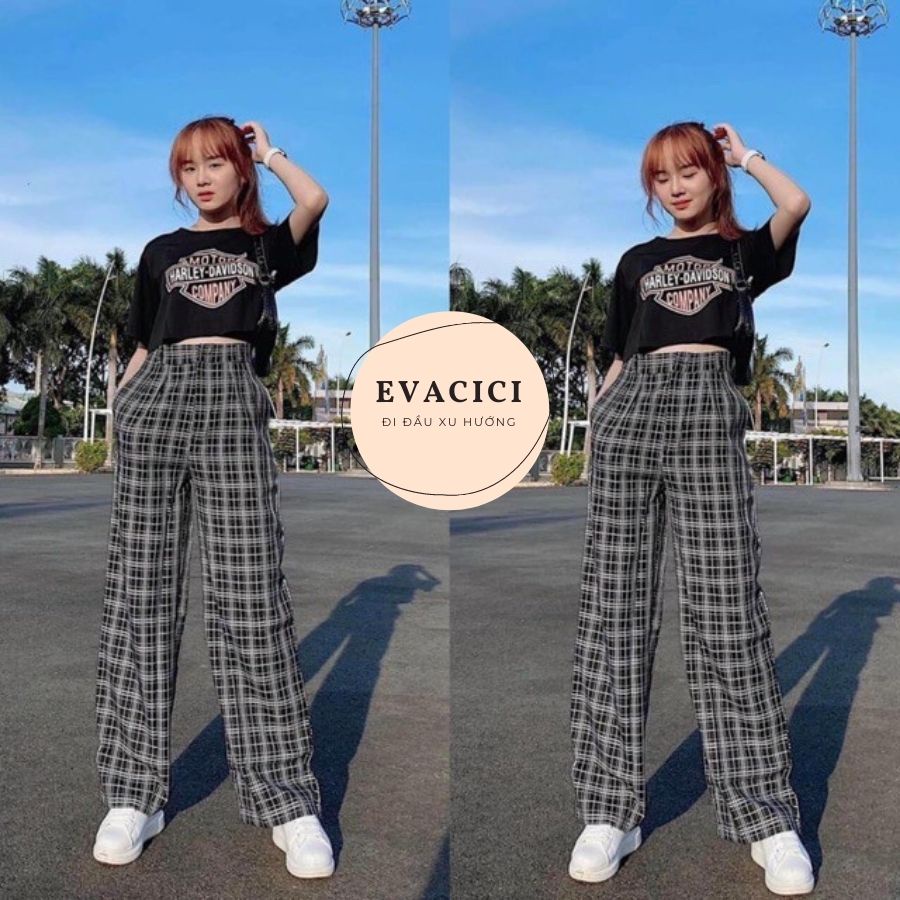 [EVACICI] Quần kẻ karo ống rộng dáng suông nhiều màu mẫu mới. Quần cullotes khuy trước chun sau hack dáng.
