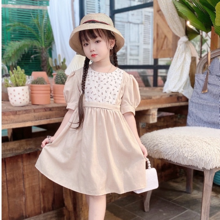 Váy Trẻ Em lửng tay thu đông Vintage Chất liệu Linen cực Sang chảnh váy hoa nhí cho bé 8-32kg