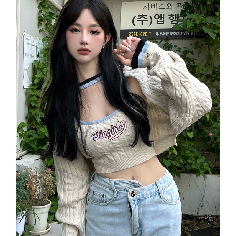 Bộ Áo Dệt Kim Sát Nách Dáng Rộng Thêu Họa Tiết + Áo Tay Dài Thời