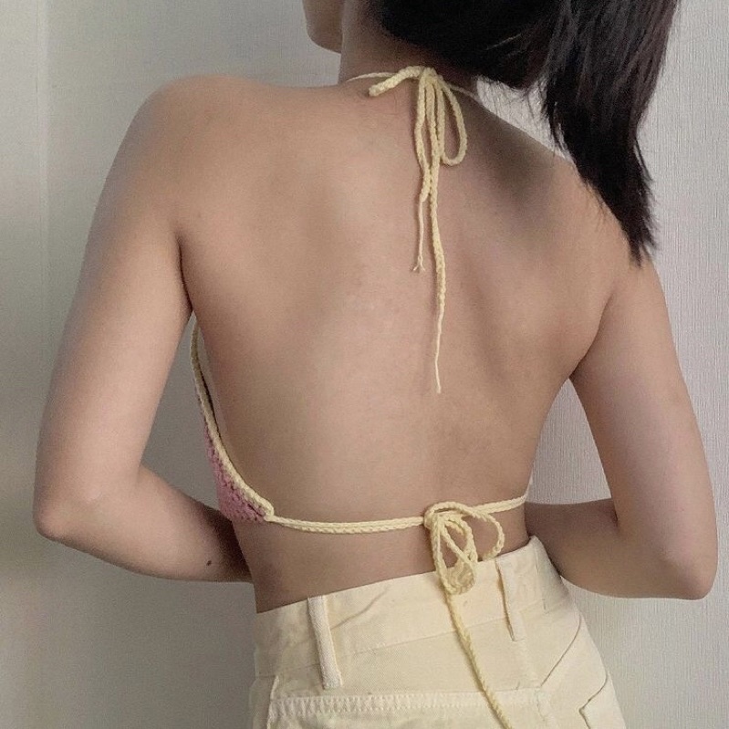 Áo len yếm phối viền dây thắt lưng Strawberry Top Handmade