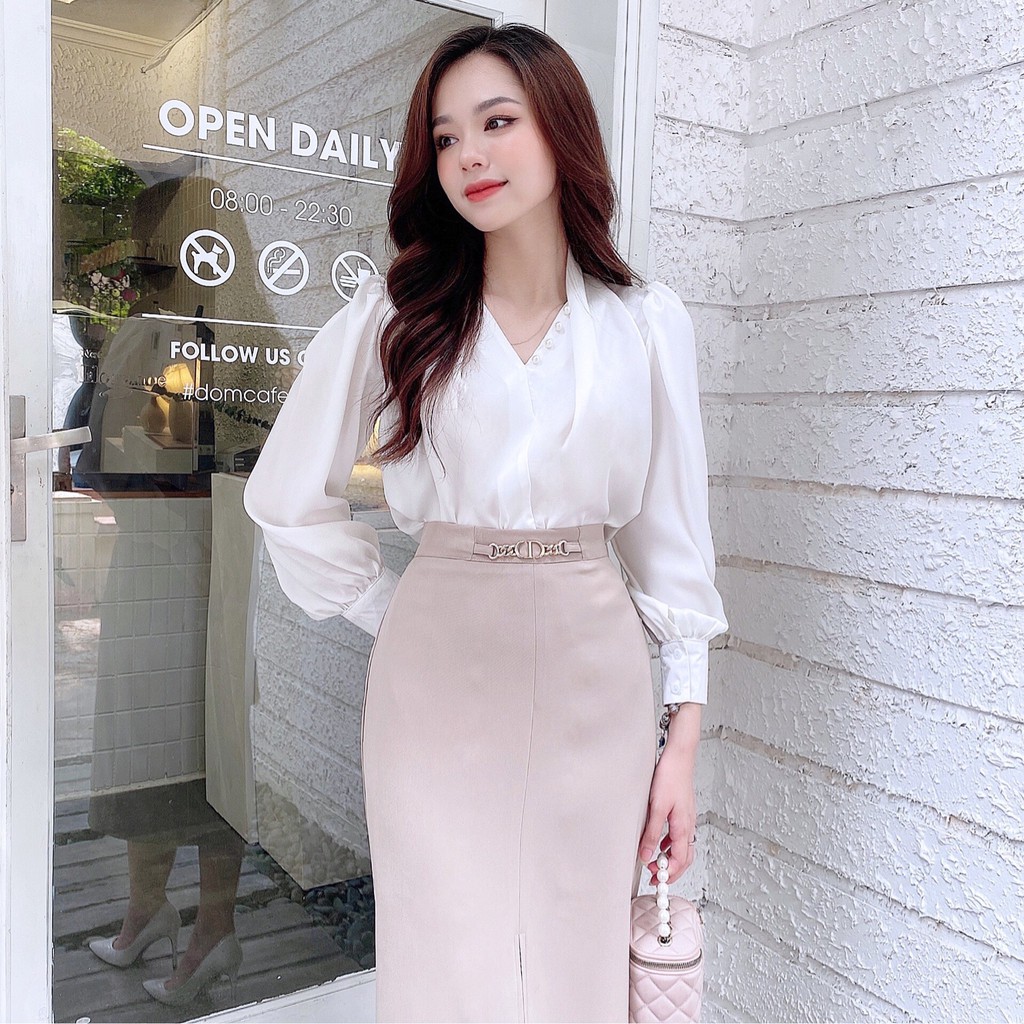 Áo sơ mi nữ cách điệu cổ V, áo lụa cổ chéo cúc ngọc trắng trơn A941 KYMIE