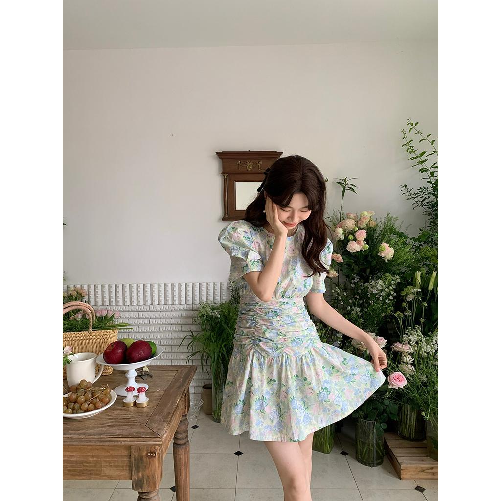 Đầm Hoa Lưng Cao Ống Tay Phồng Thời Trang Pháp Kiểu Retro Quý Phái 64212