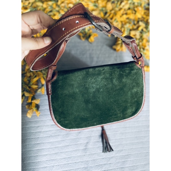 SALE- túi si da lộn phối da mộc xanh rêu