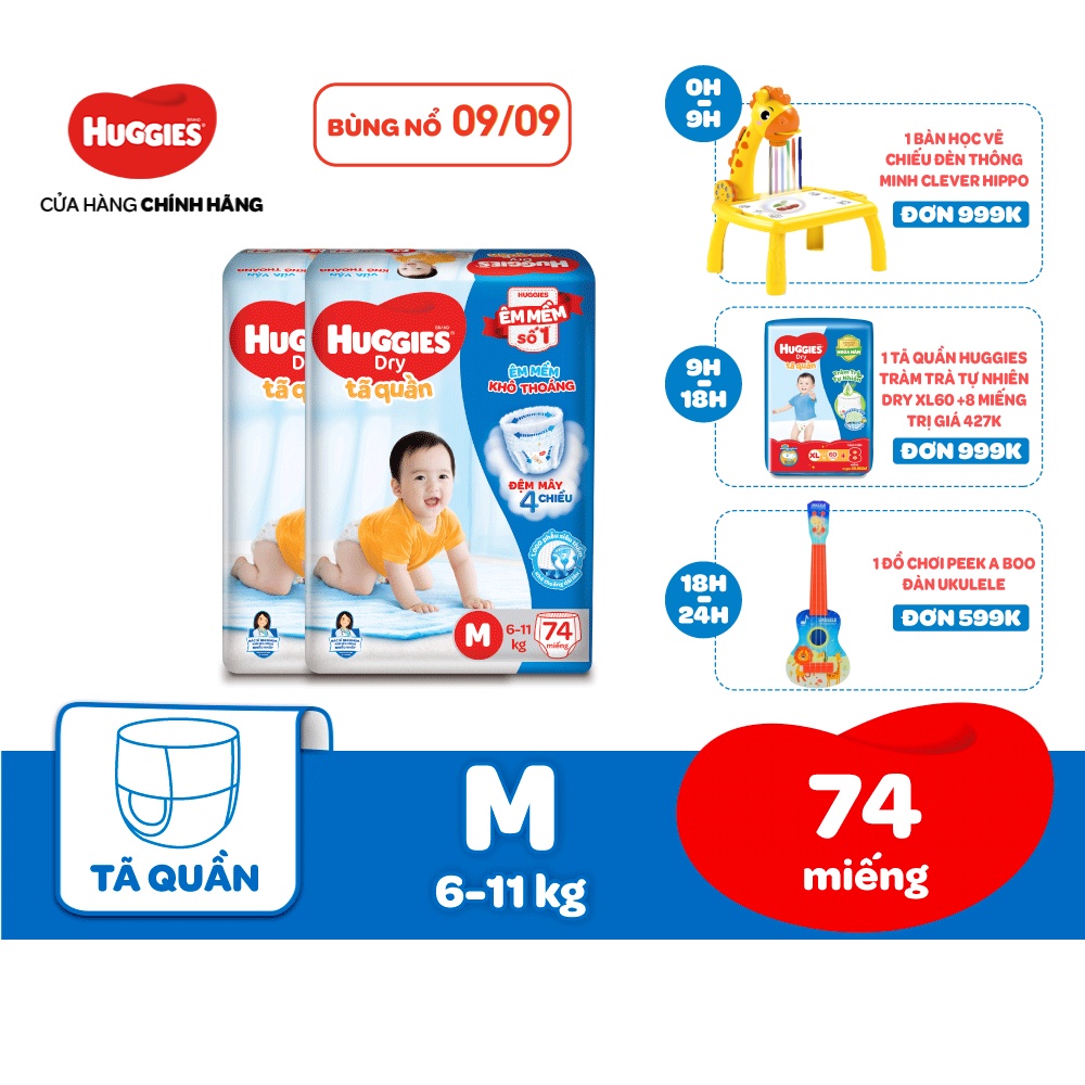 Combo 2 Tã quần Huggies Dry Super Jumbo M74/L68/XL62/XXL56