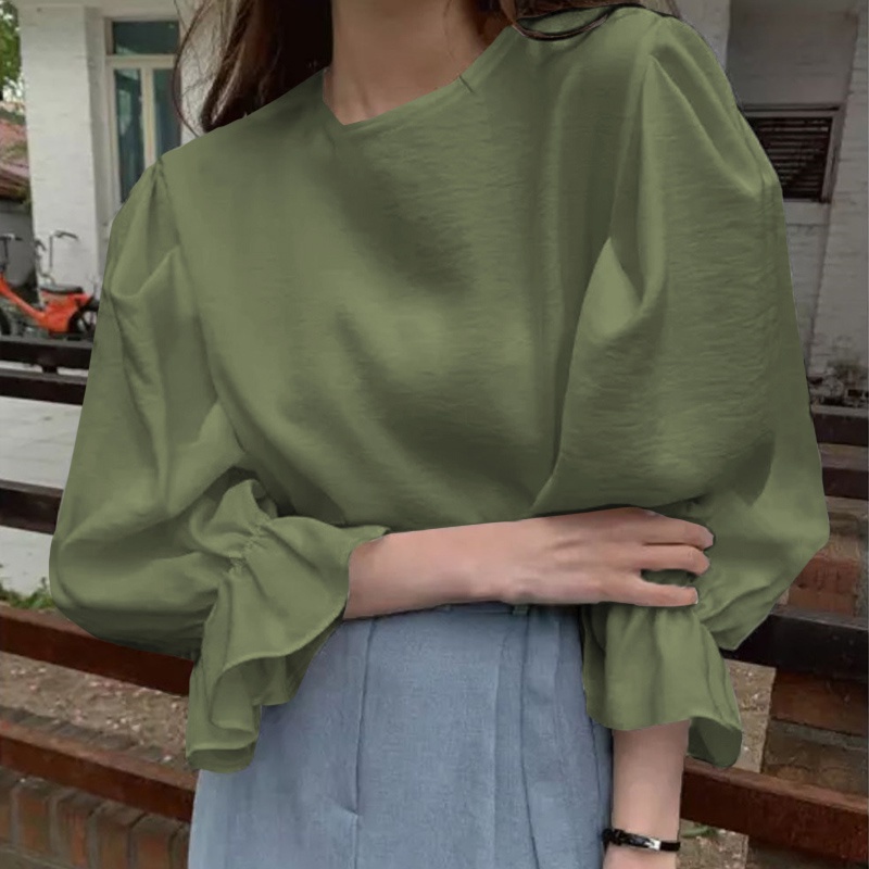 Áo blouse nữ ZANZEA tay phồng cổ tròn màu trơn thời trang thường ngày