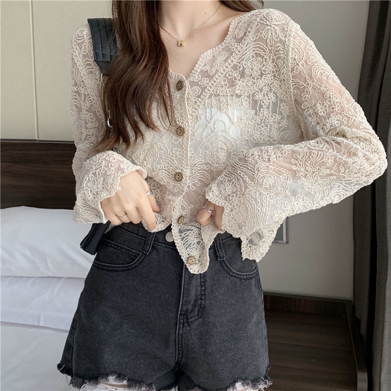 Áo len Cardigan chống nắng mỏng dài tay của phụ nữ khoác ren mới của Pháp thời trang Mùa hè