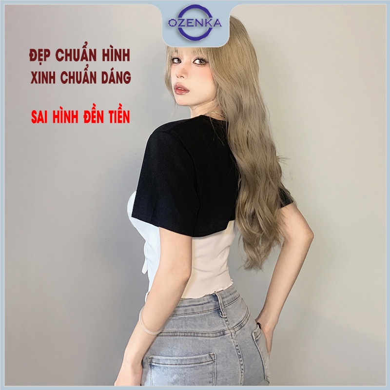 Set áo croptop cộc tay áo 2 dây rút dây sẻ giữa gợi cảm OZENKA , áo crt kiểu ôm body mix màu đen trắng size dưới 52 kg