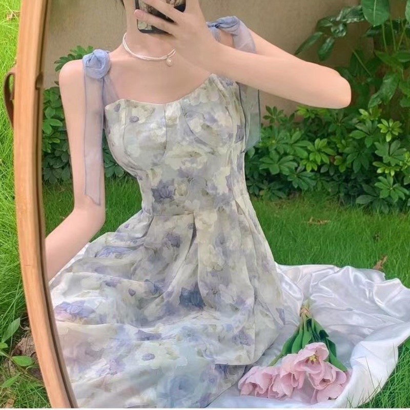 Đầm Dây Phong Cách Hàn Quốc 178545 Đầm Chữ a Dáng Dài Họa Tiết Hoa Xinh Xắn Thời Trang