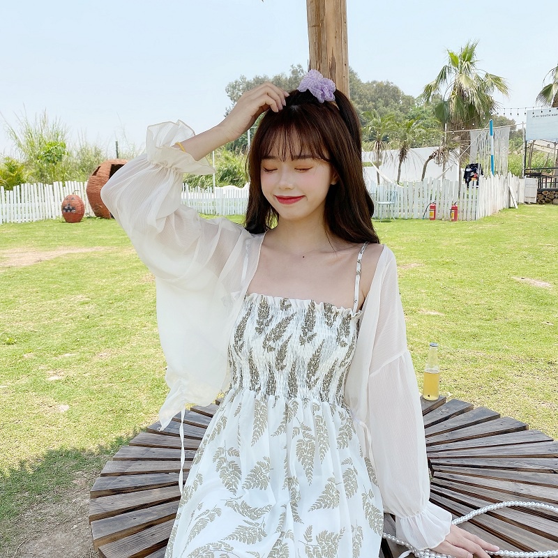 IELGY Bộ Áo chiffon + Đầm Hai Dây Dáng Ngắn Thời Trang Cho Nữ