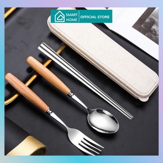 Bộ thìa, đũa, dĩa Inox cán gỗ sồi sang trọng tặng kèm hộp đựng lúa mạch