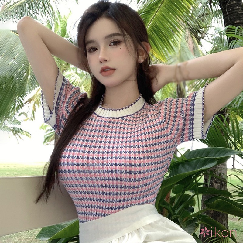 Áo Thun Tay Ngắn Cổ Tròn Họa Tiết Kẻ Sọc Chất Liệu Lụa Lạnh Mỏng Nhẹ Thời Trang Cho Nữ