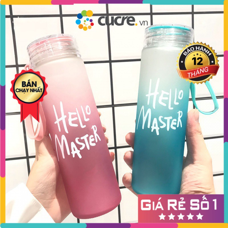 Bình Nước Thủy Tinh In Chữ Hello Master 400ML có dây xách (màu ngẫu nhiên)