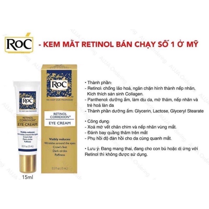 [Fullsize, bill Mỹ] KEM DƯỠNG MẮT ROC Retinol Correxion Eye Cream 15ml - Chống lão hoá, nếp nhăn, quầng thâm