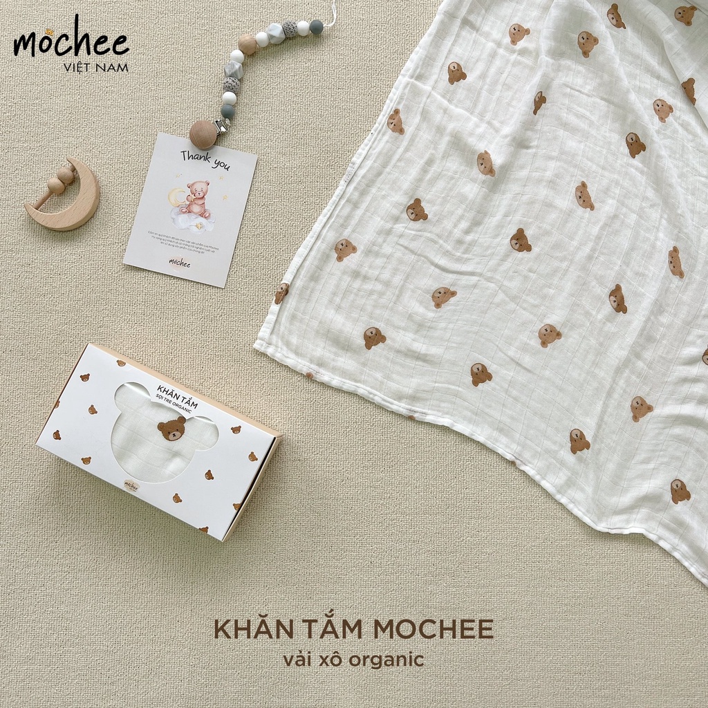 Khăn tắm vải xô sợi tre cho bé Mochee 120x110cm, khăn tắm organic hình gấu  - Monnie Kids