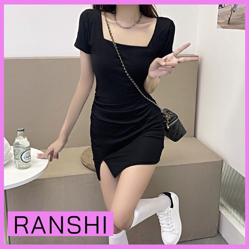 Váy Cổ Vuông Xẻ Tà Basic RANSHI Đầm Ngắn Siêu Tôn Dáng Thời Trang Mùa Hè Nữ Chất Thun Cotton Nhẹ Mát - RBD015
