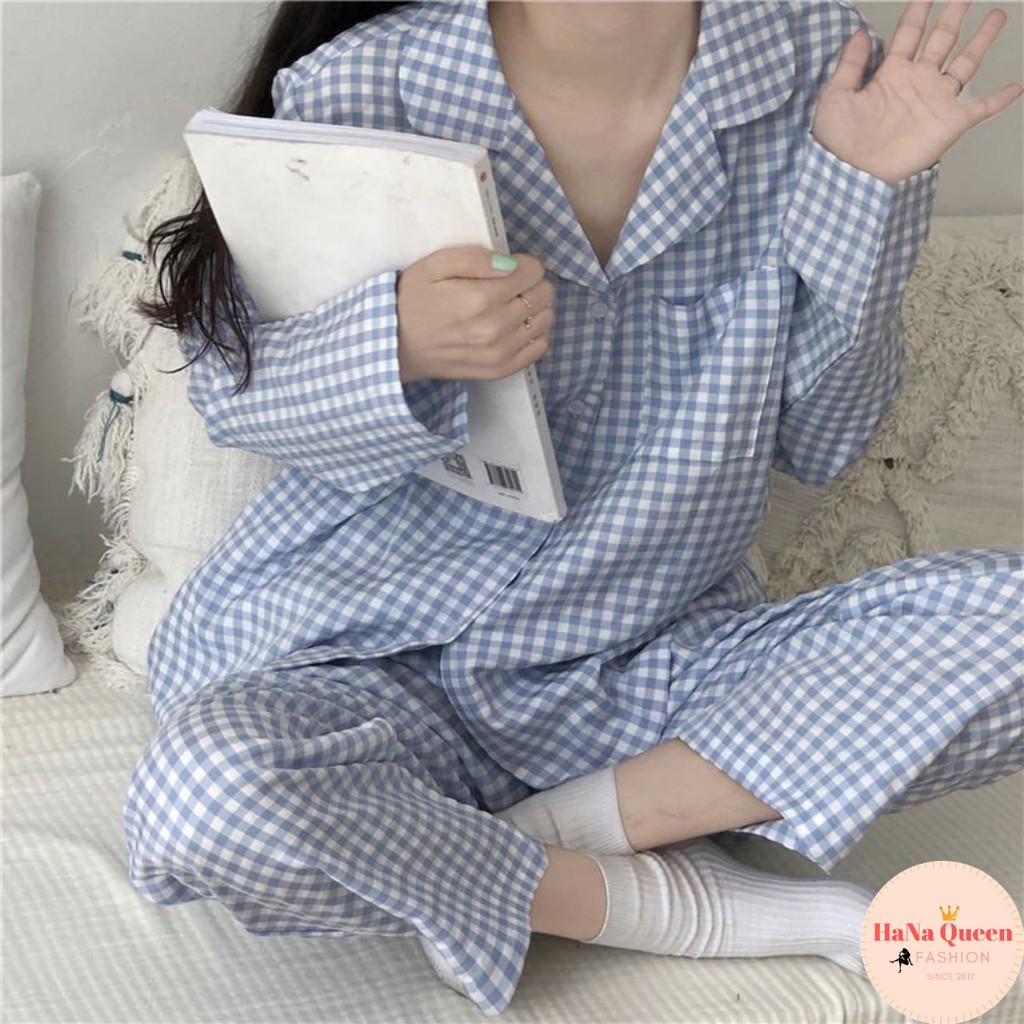 [Sẵn Hàng] Bộ đồ ngủ Pijama cotton dài tay họa tiết kẻ phong cách Hàn Quốc