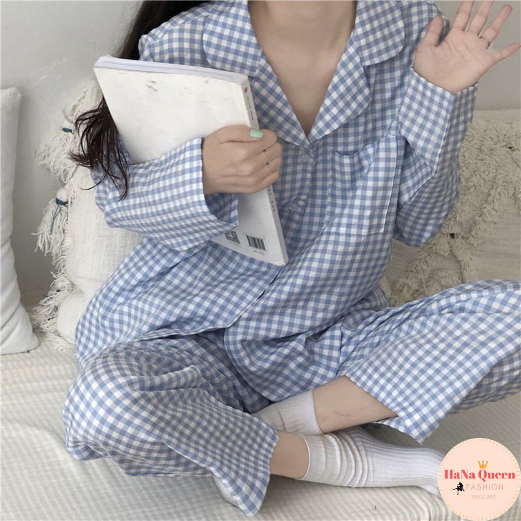 [Sẵn Hàng] Bộ đồ ngủ Pijama cotton dài tay họa tiết kẻ phong cách Hàn Quốc | BigBuy360 - bigbuy360.vn