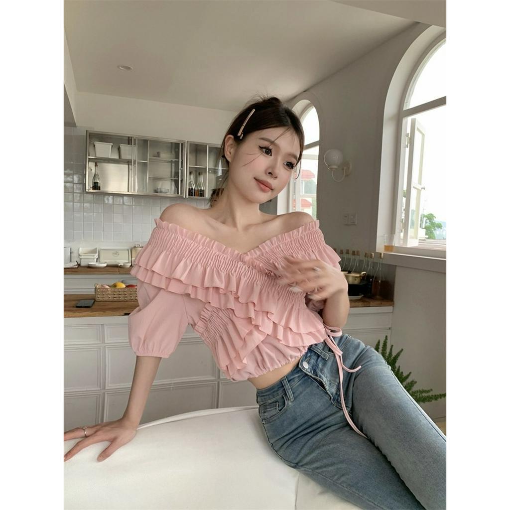 ZHELIHANGFEI Áo Kiểu Trễ Vai Tay Ngắn Màu Hồng Ngọt Ngào
