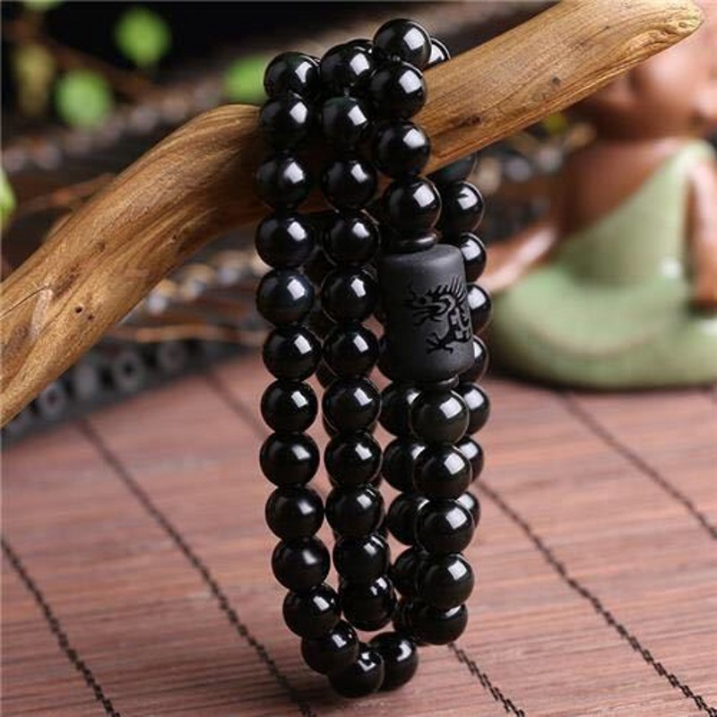 Vòng đeo tay chuỗi hạt đá hắc diện mặt hình rồng/ phượng cầu may mắn thời trang dành cho cả nam và nữ
