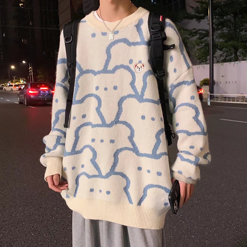 Áo sweater cổ tròn tay dài mềm mại thoải mái in hình gấu hoạt hình phong cách Hàn Quốc cho nam