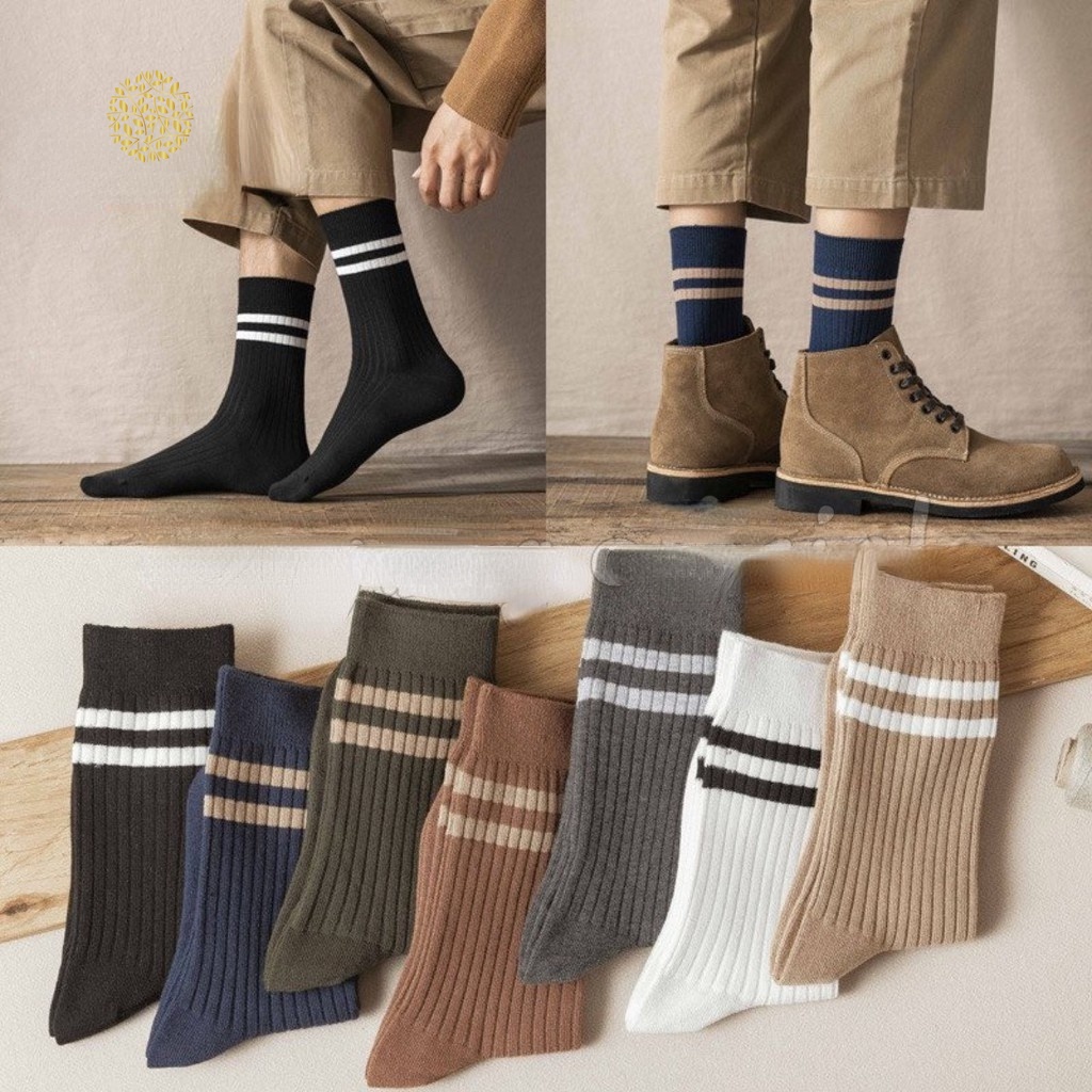 Vớ cotton nhún cổ cao kẻ ngang phong cách vintage Nhật Bản cho nam và nữ YKD