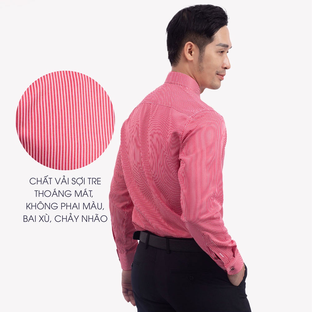 Áo Sơ Mi Nam Dài Tay Trung Niên ANCHI Hoạ Tiết Kẻ Đỏ Vải Sợi Tre Cao Cấp