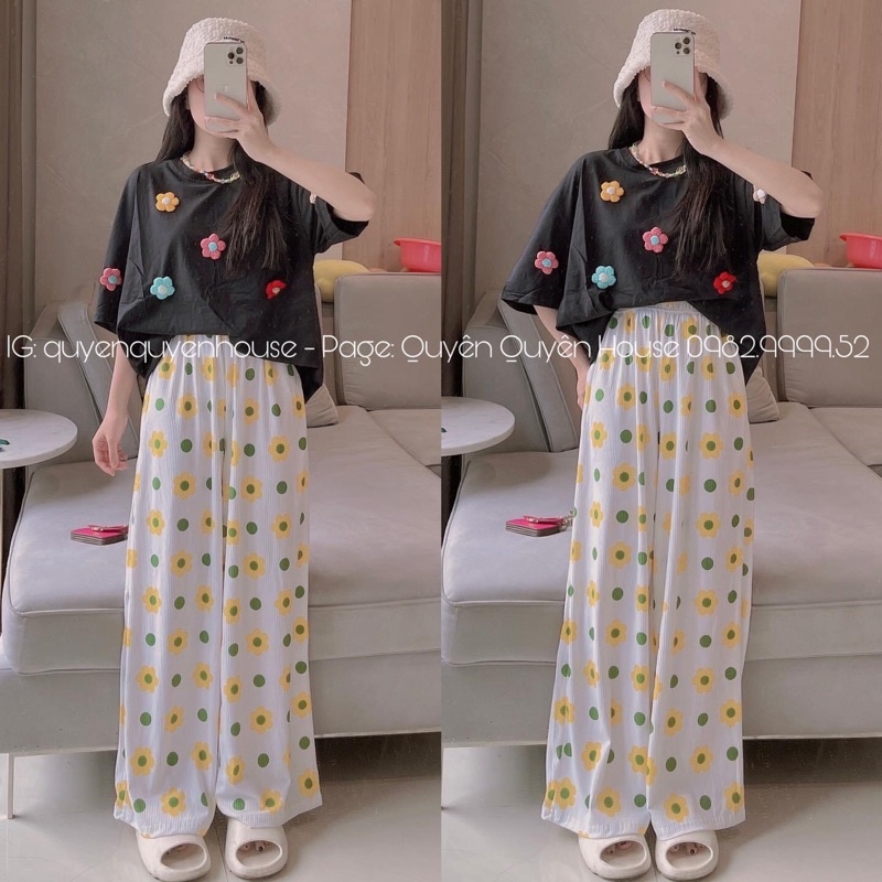 Set quần suông áo cotton đính hoa xinh xắn