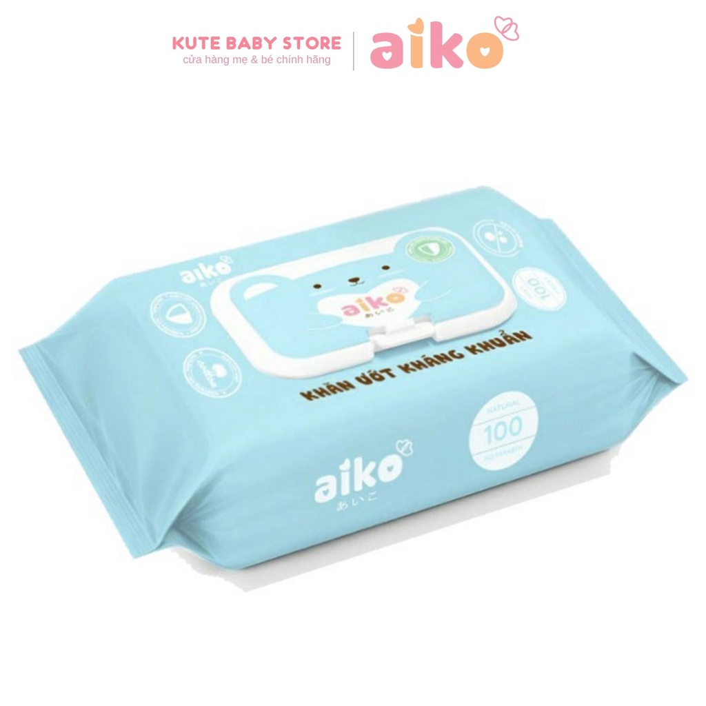 Khăn giấy ướt AIKO xanh 100 tờ có chất kháng khuẩn cho bé