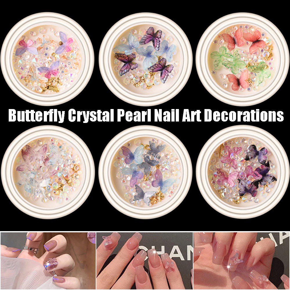 [Hàng mới về] Phụ kiện đính móng tay trang trí nghệ thuật 3D thiết kế bướm/ngọc trai đa dạng nhiều màu sắc