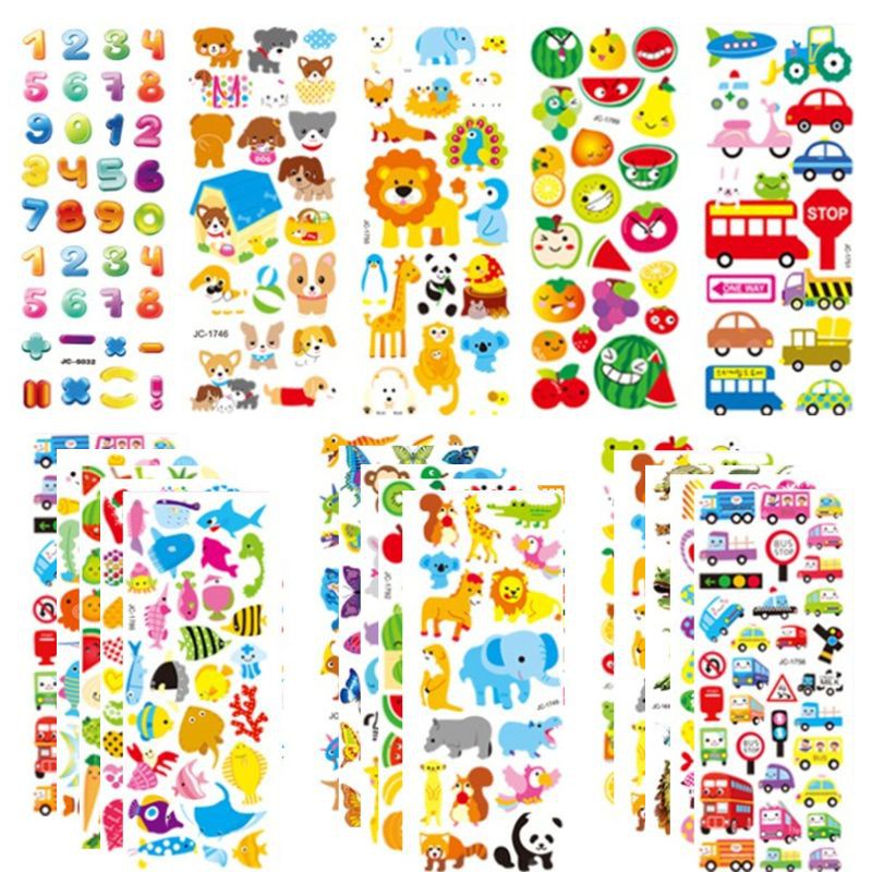 Sticker 3D cho bé, hình dán nổi nhân vật hoạt hình Siêu nhân, Người nhện, công chúa, hoa, quả,ô tô,... cho trẻ em