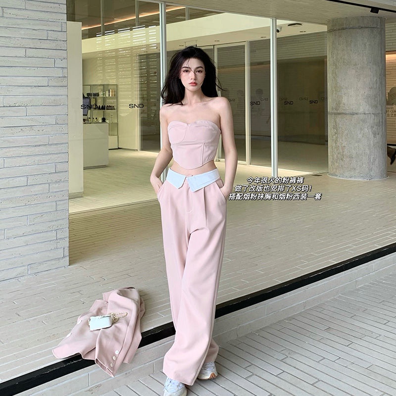 Spring new sexy tube top loose suit jacket all-match high waist slimming elegant wide-leg pants suit for women x9QX