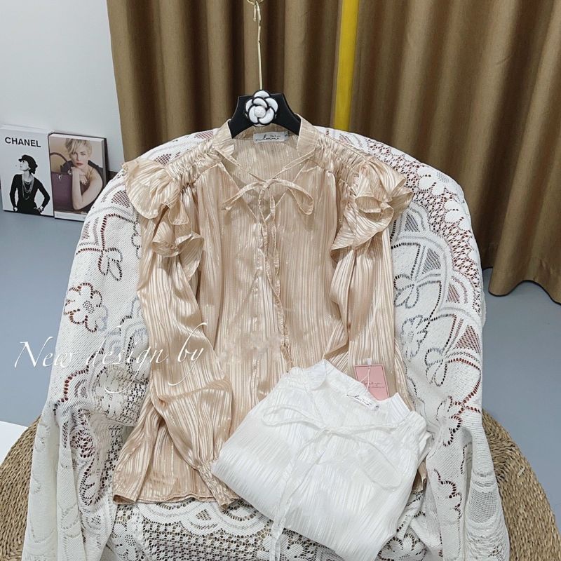 Áo tơ sọc nhũ cổ tay chun