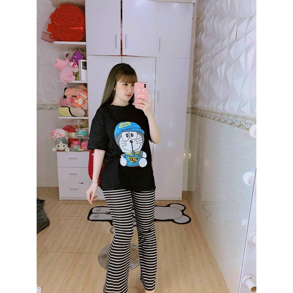 Bộ thun, áo doremon, quần sọc ống loe cho nữ mặc nhà, mặc đi chơi, mẫu siêu HOT, vải đẹp, giá cực rẻ