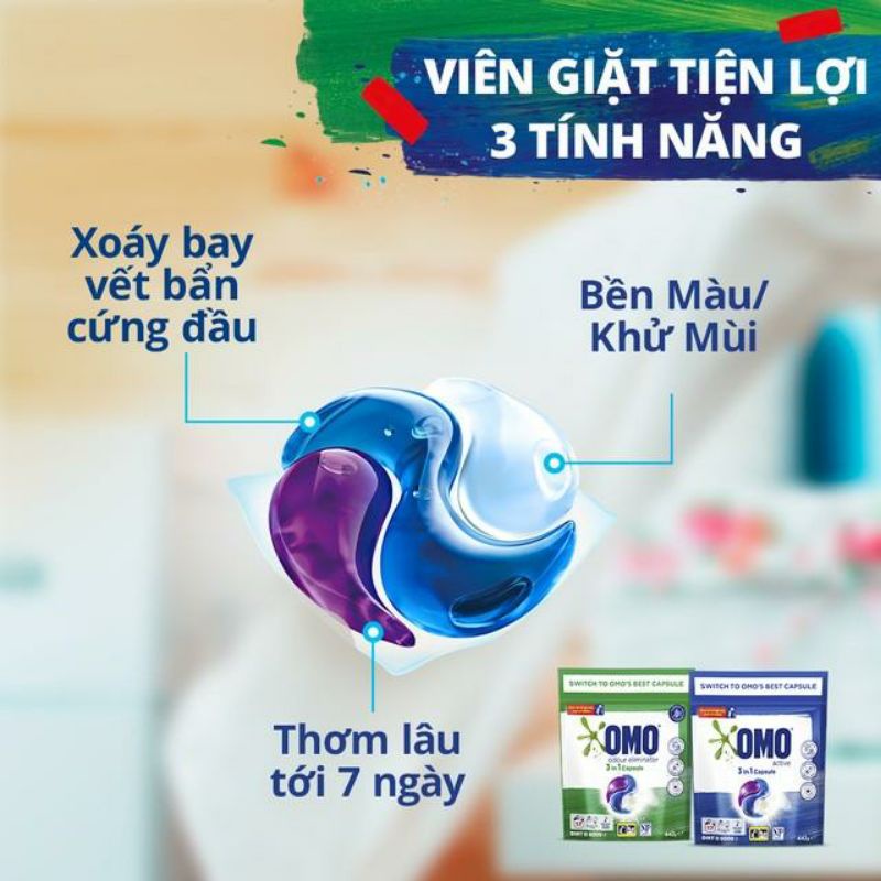 viên giặt omo tiện lợi công nghệ Anh Quốc - bền màu (17 viên/ túi) dùng cho máy giặt cửa ngang&amp; cửa chước