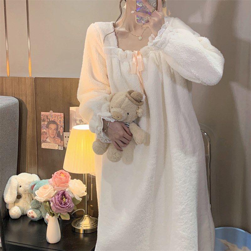 Đầm ngủ công chúa lót lông cừu xinh xắn phong cách Hàn Quốc thời trang thu đông ngọt ngào cho nữ