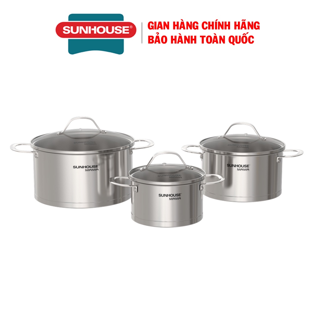 Bộ nồi inox 5 đáy Sunhouse Mama SHG502, 5 lớp dày dặn, inox cao cấp, kính cường lực bền đẹp