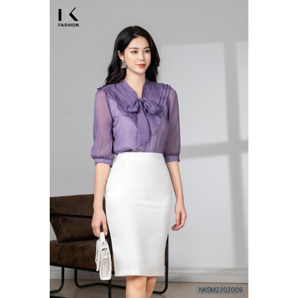 Áo Sơ Mi Nữ Công Sở NK Fashion Thiết Kế Tay Lỡ Xếp Bèo Cổ Phối Nơ Điệu Đà, Chất Tơ Cao Cấp Mềm Mịn NKSM2202009